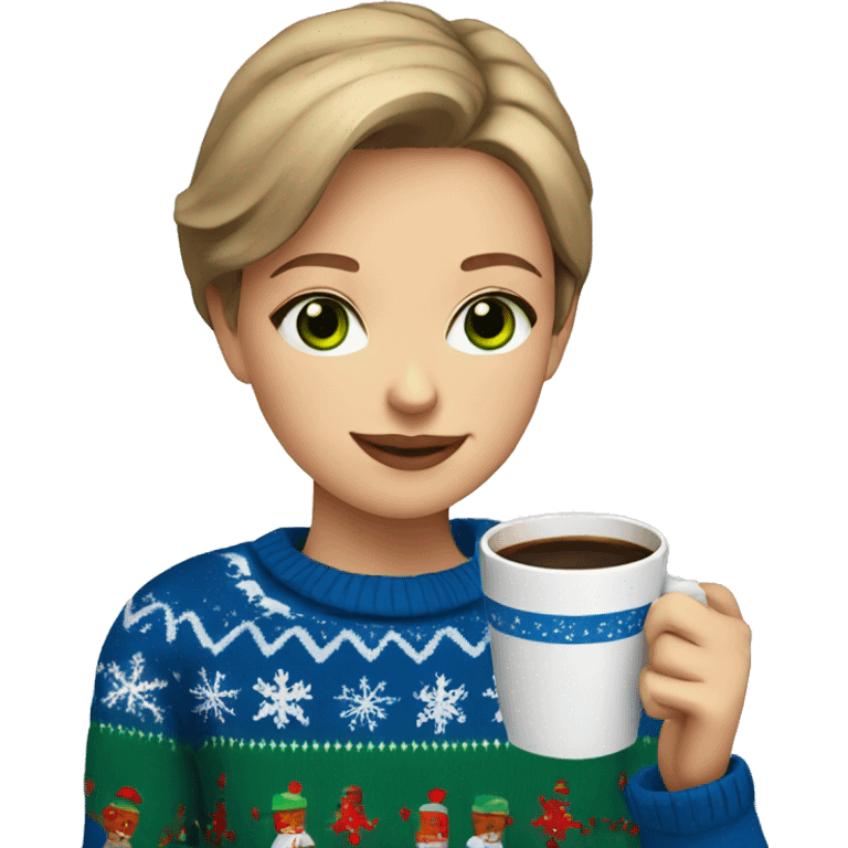 Light brown short haired girl with green eyes drinking coffee wearing blue Christmas sweater emoji