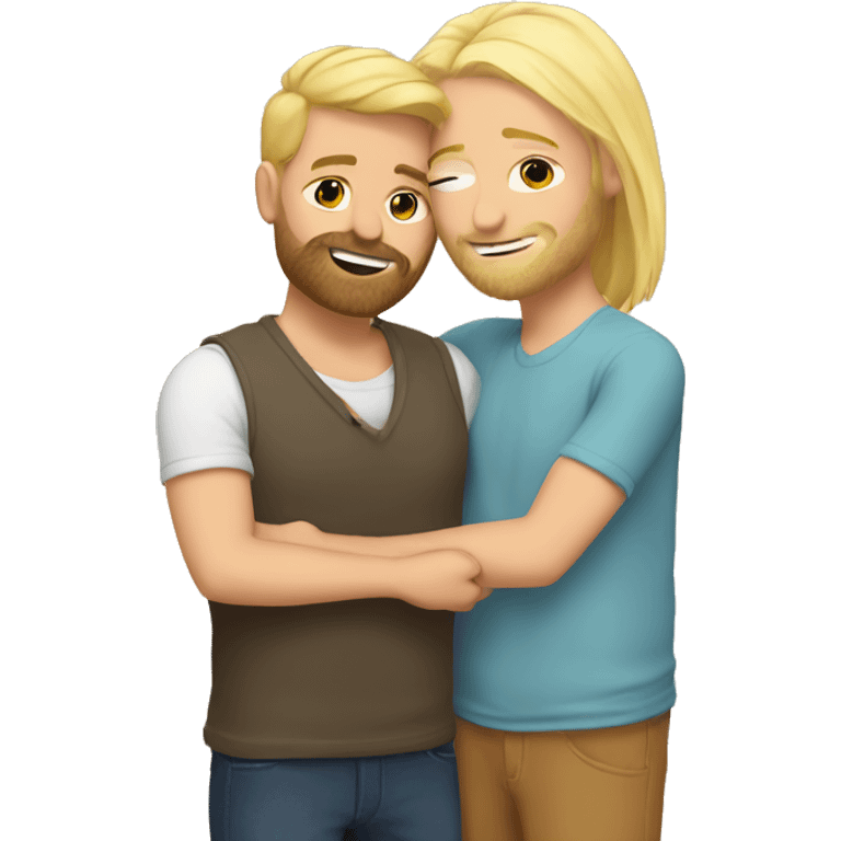 Cartoon gay couple cuddles, one of them tall and blonde with beard  emoji