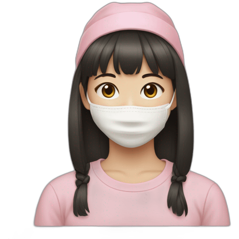 young korean girl with straight bangs and beige face mask and black headband and pink crewneck sweatshirt emoji