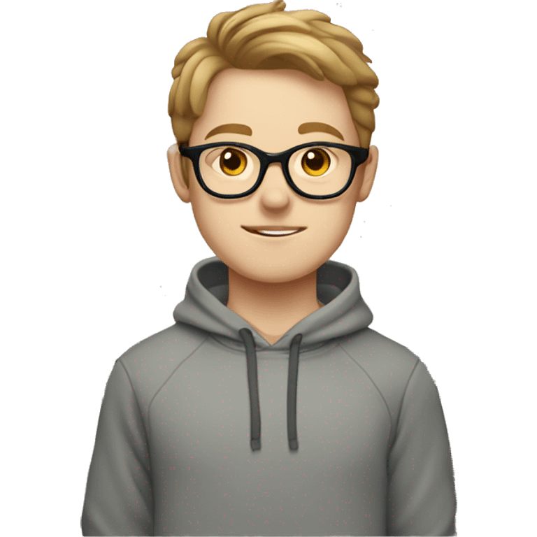 boy with light brown hair, pale skin and bangs ans glasses wearing a sweatshirt emoji