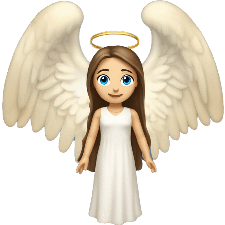 Caucasian brunette angel with long straight hair, dimples, big blue eyes, golden hoop halo over head and two wings on back emoji