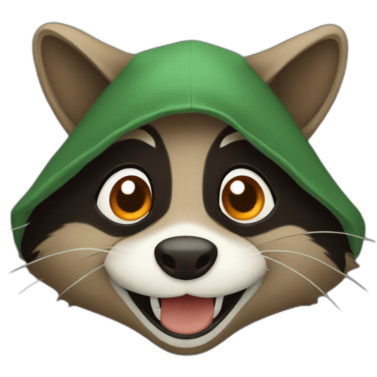 brown raccoon with orange eyes and a dark green hood that is laughing emoji