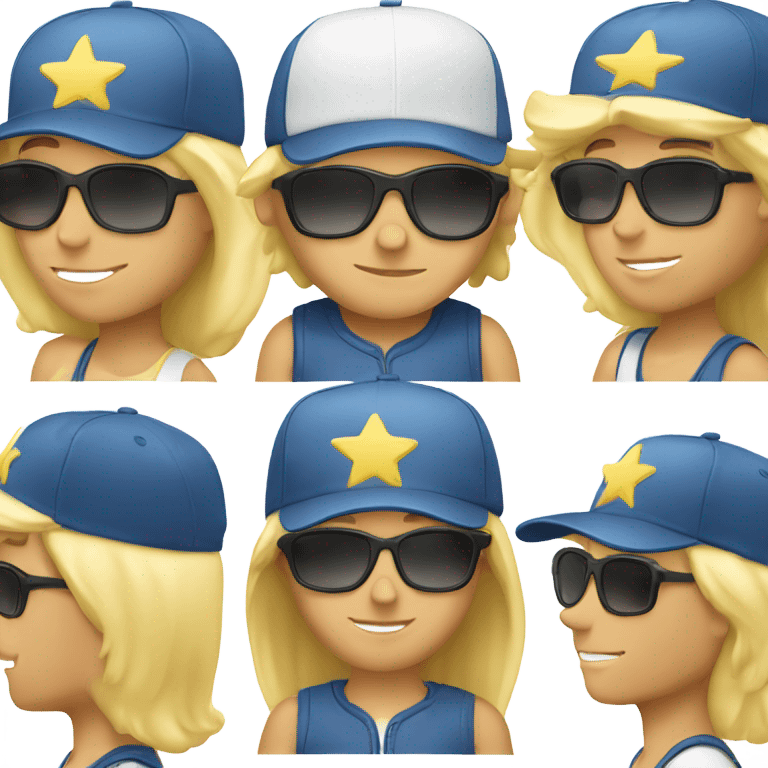 A Caucasian blonde male wearing a baseball cap wearing star sunglasses emoji