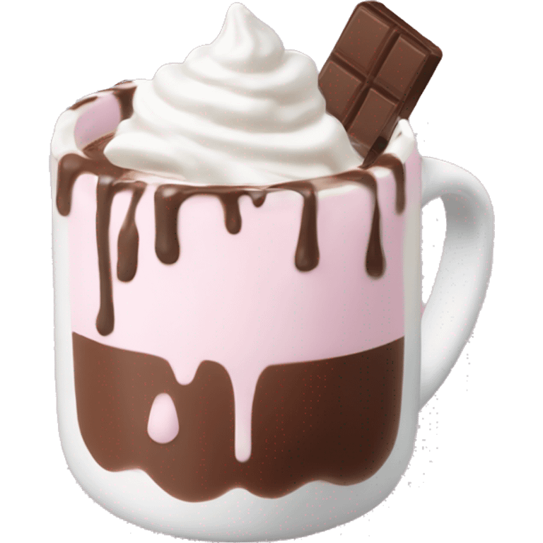 hot chocolate with mug and whip cream and chocolate drizzle and pale pink strawberry and marshmellows emoji