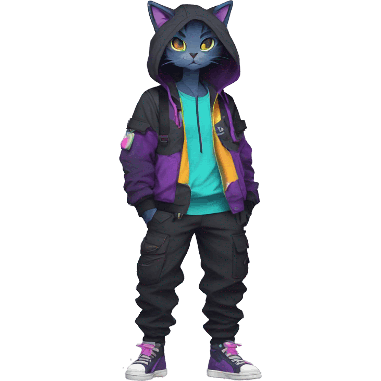 Edgy Anthro cool cute colorful urban beautiful pretty anime dark cat-Pokémon-fursona techwear cargo pants hoodie emoji