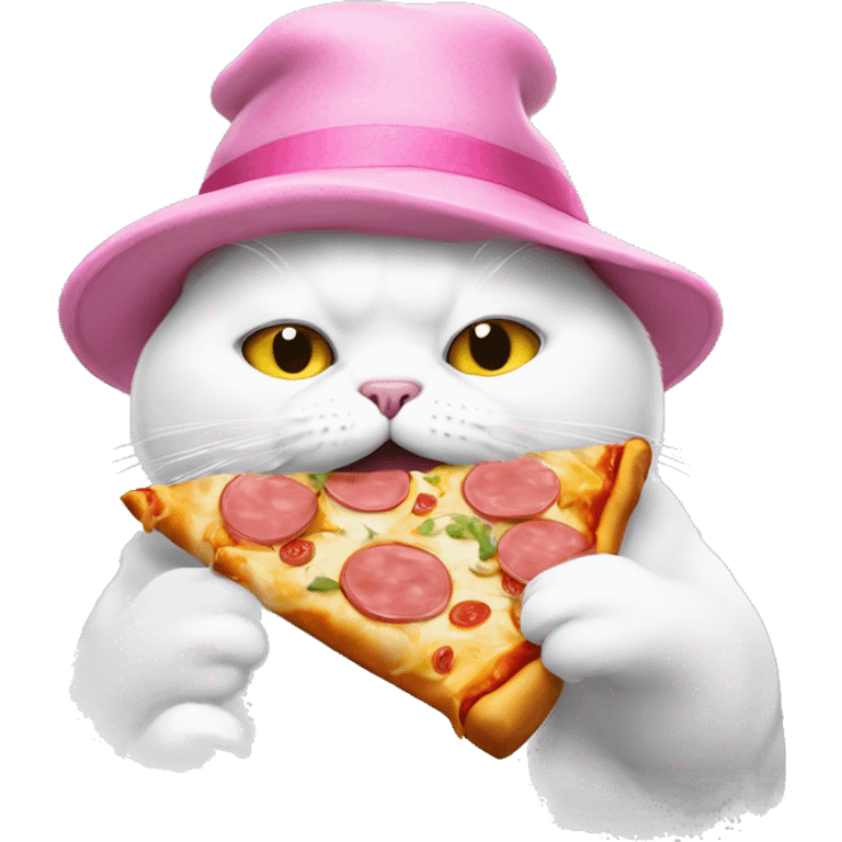 Fat white cat with a pink hat and is eating pizza emoji