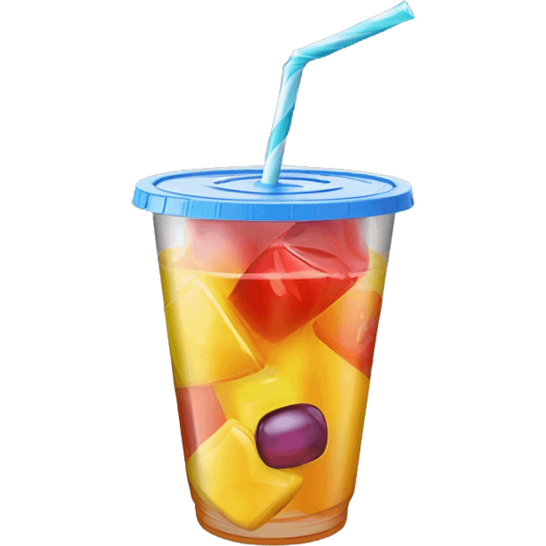 Realistic plastic cup and lid with juice and large ice cubes inside and colorful straw poked through the top of the lid. emoji