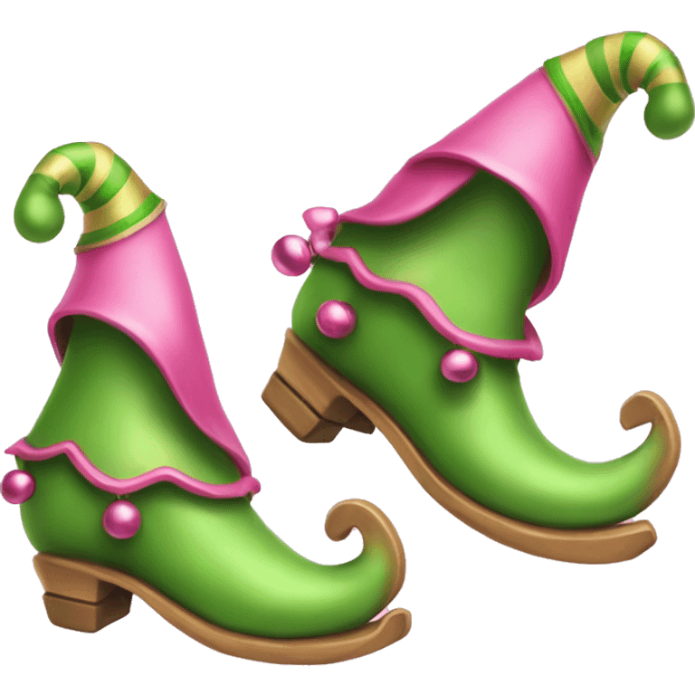 Realistic isolated pink and green elf shoes with bells. emoji