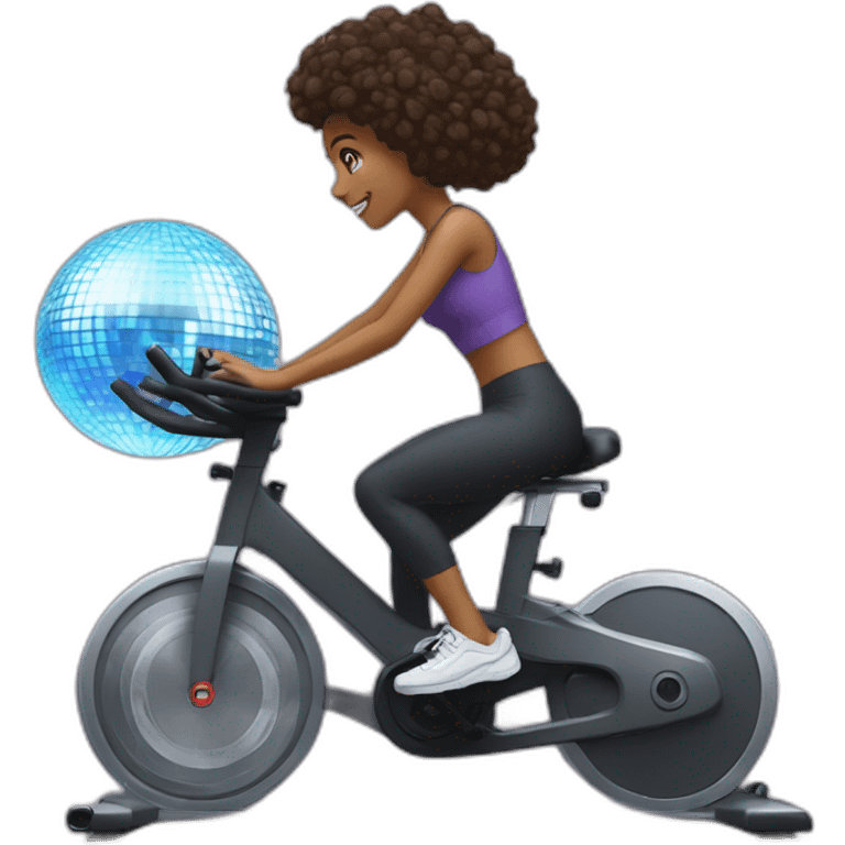 Girl riding a spin bike with a disco ball emoji