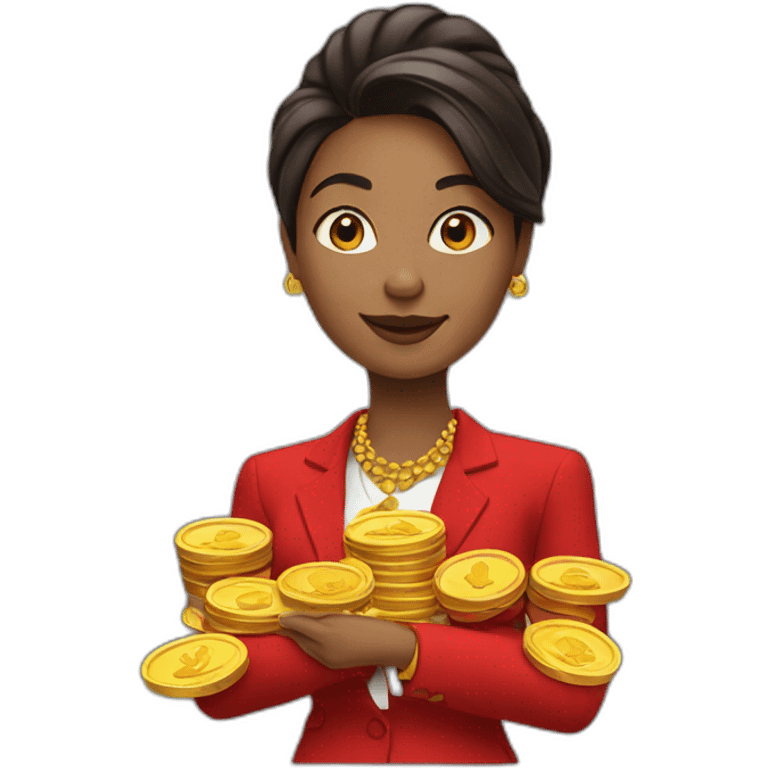 Posh-woman-with-red-suit-holding-golden-coins emoji