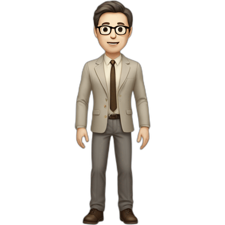 Full height Actively Gesturing Pale skinned fit man with dark brown hair in gray jacket, beige office shirt, brown tie, brown pants and vintage glasses. emoji