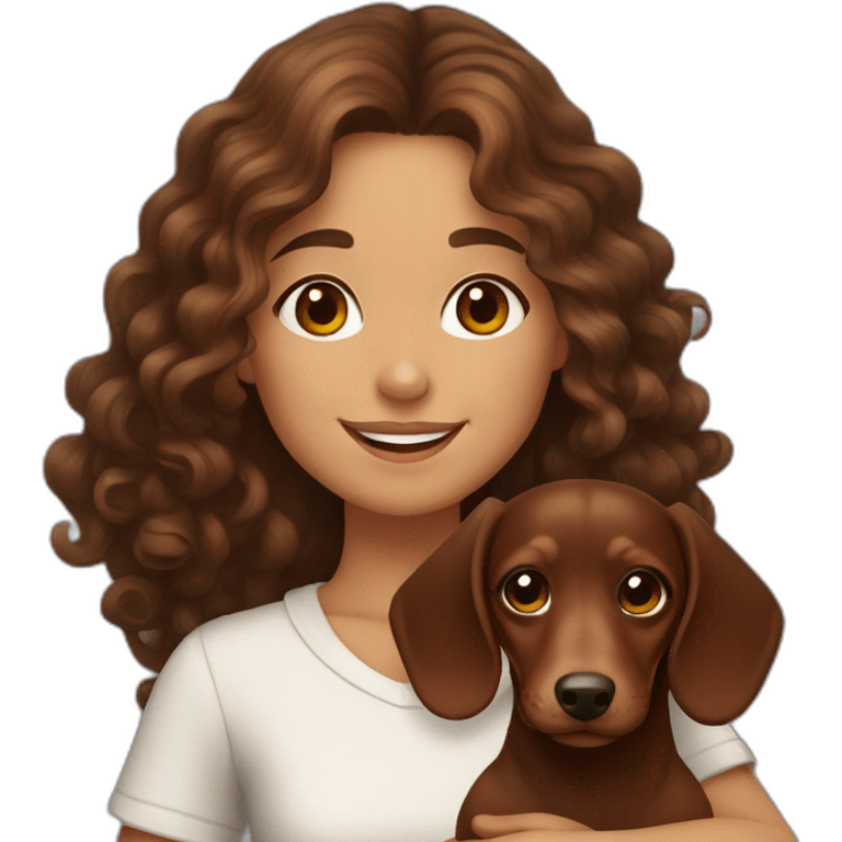 Girl long curly brown hair smiling and brown eyes and holding a dachshund  in her arms emoji