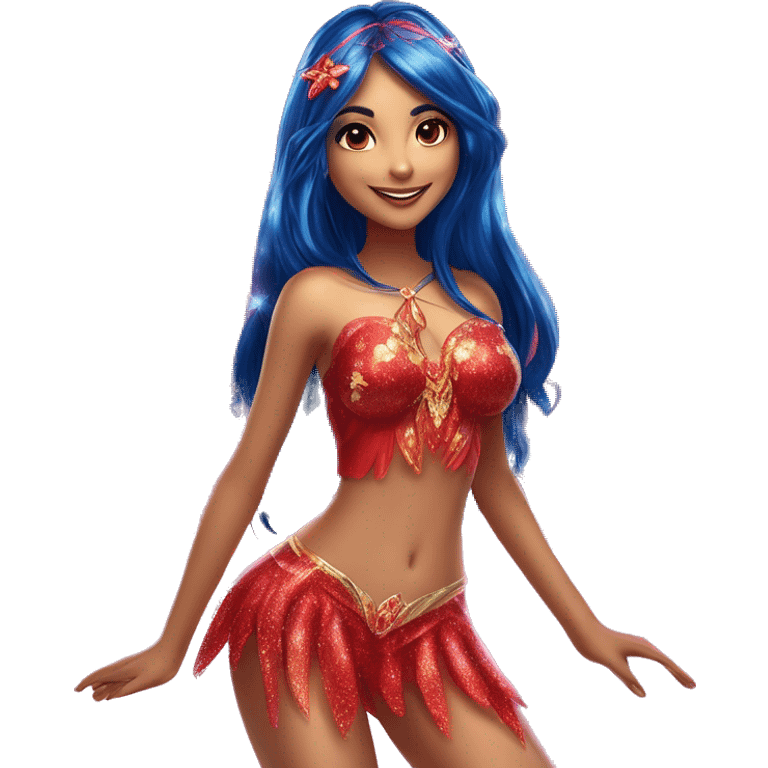 Musa asian adult fairy of music in her enchantix fairy red sparkling two-piece clothing and fairy enchantix wings and long dark blue hair from winx club. Lots of sparkles and fairydust. Full body pic and full fairy bliss emoji