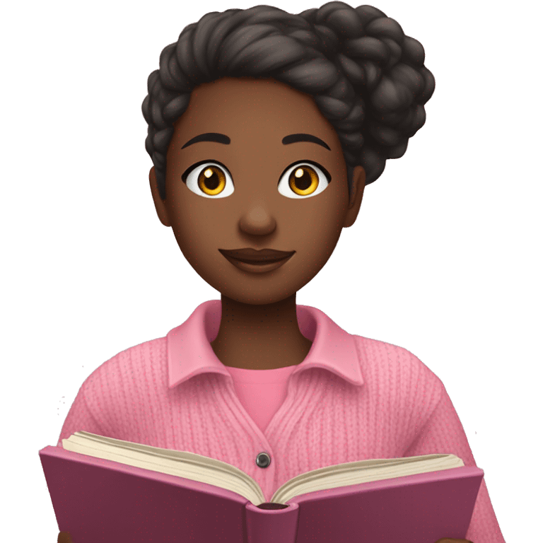 black teenage girl wearing a pink button up sweater reading a book  emoji