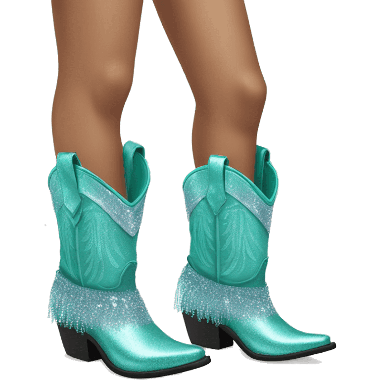 Realistic pastel teal fashion cowgirl boots with sparkly shiny glitter fringe on them. emoji