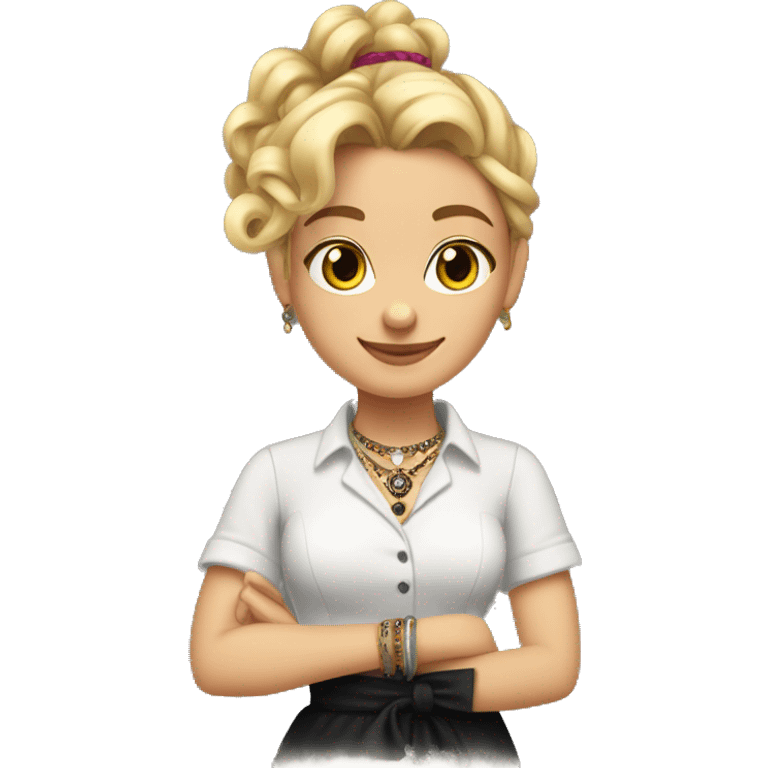 Waitress with white shirt and black apron, curly blonde hair in a pony tail, hazel eyes, lots of bohemian jewelry and bracelets  emoji