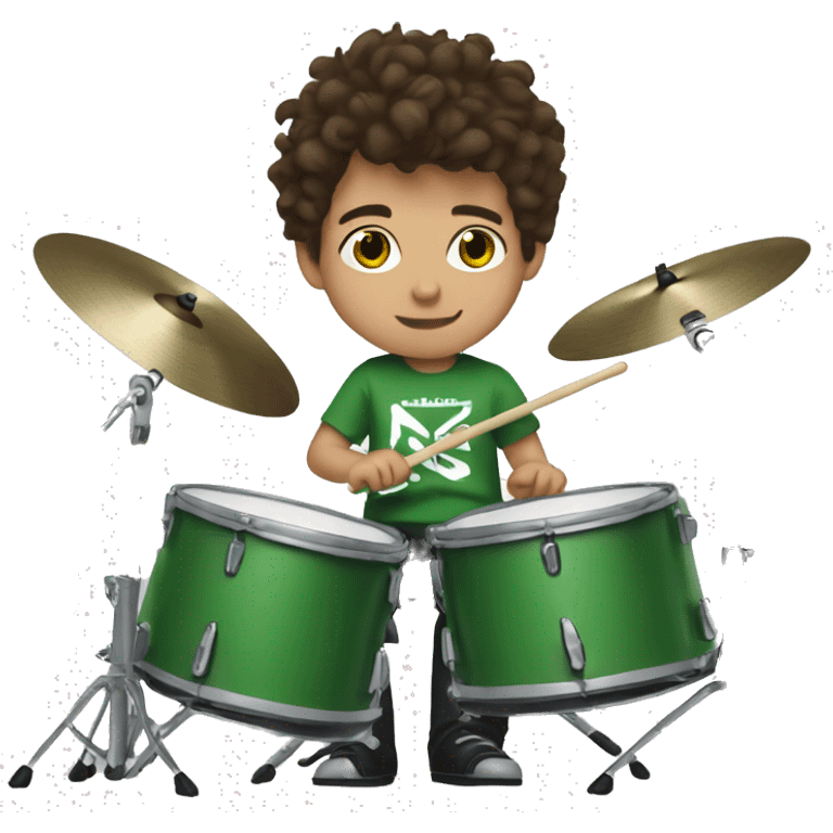 Kid with brown hair playing drums wearing a green day shirt emoji