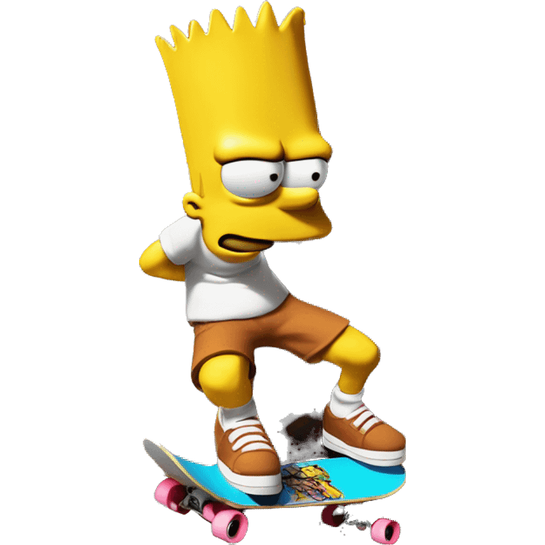 Bart Simpson, skateboard under his arm, poses in front of a graffiti-covered wall. He's giving the camera a playful smirk emoji