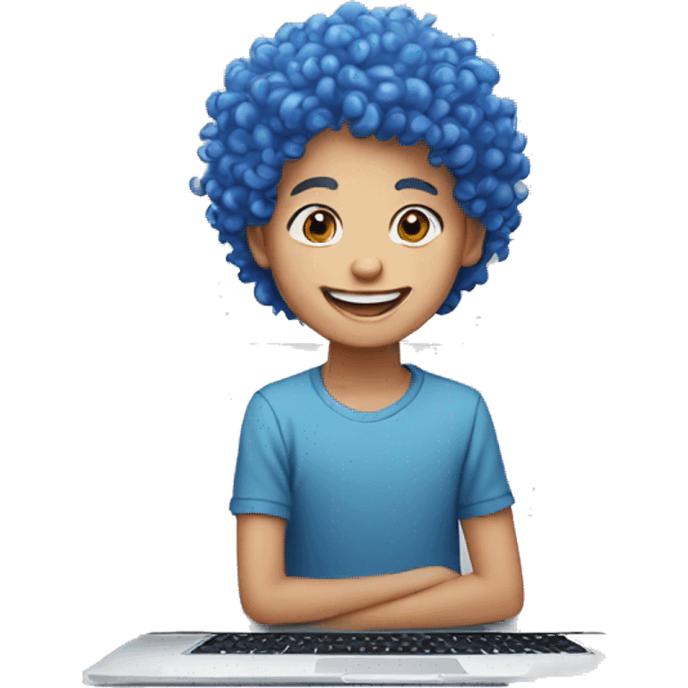 White smiling boy with blue and pink curly hair using a Macbook air emoji