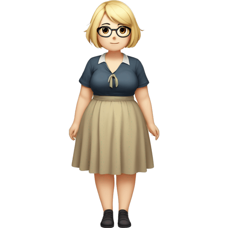 Chubby anime girl with glasses and short blond hair, full body wearing cute dress emoji