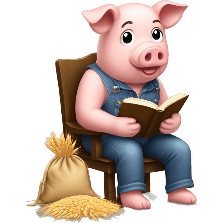 Pig reading a book sitting on a high chair with a bag of wheat on the floor  emoji