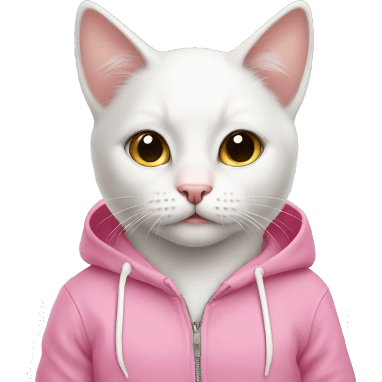 White cute cat wearing pink hoodie emoji