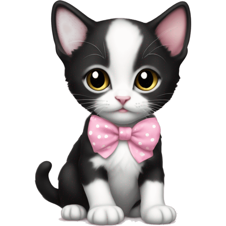 Baby Full body Tuxedo kitten with a pink polka dot ribbon Hazel eyes emoji