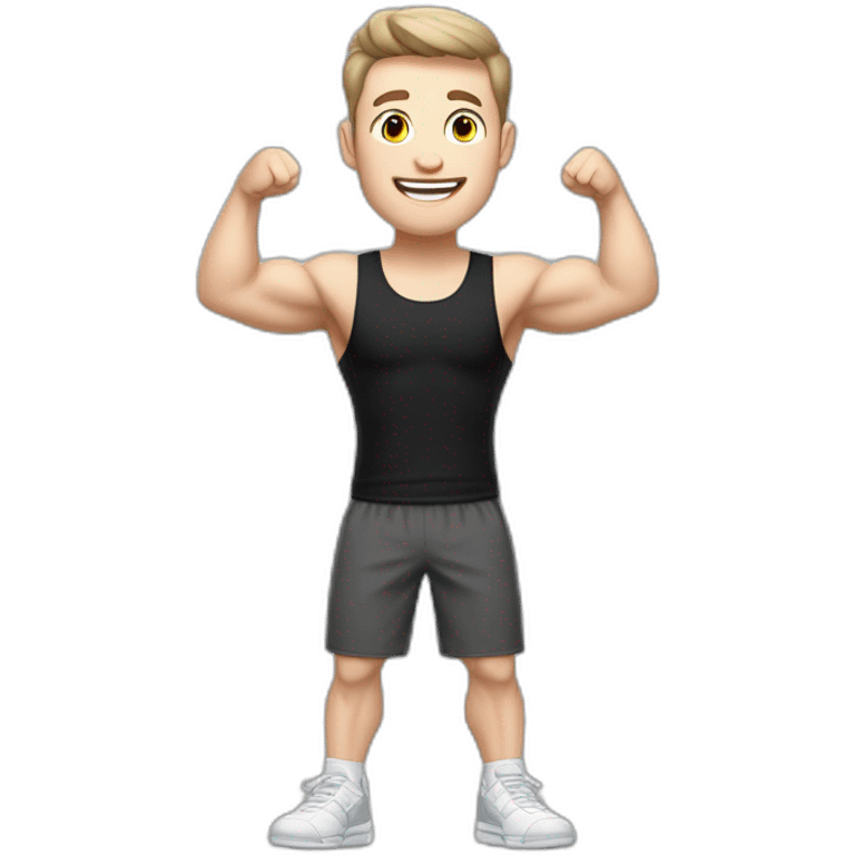 Joyful Celebrating victory Pale skinned Fit Man With the biceps and dark brown hair in black shirt, gray sports shorts and white Sneakers emoji