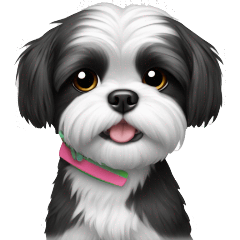 A black and white shih tzu holding a surfside  emoji