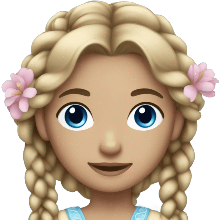 Princess, dark blonde hair in braids, blue eyes, holding flowers emoji