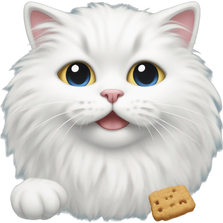  white fluffy cat eating cat treats emoji