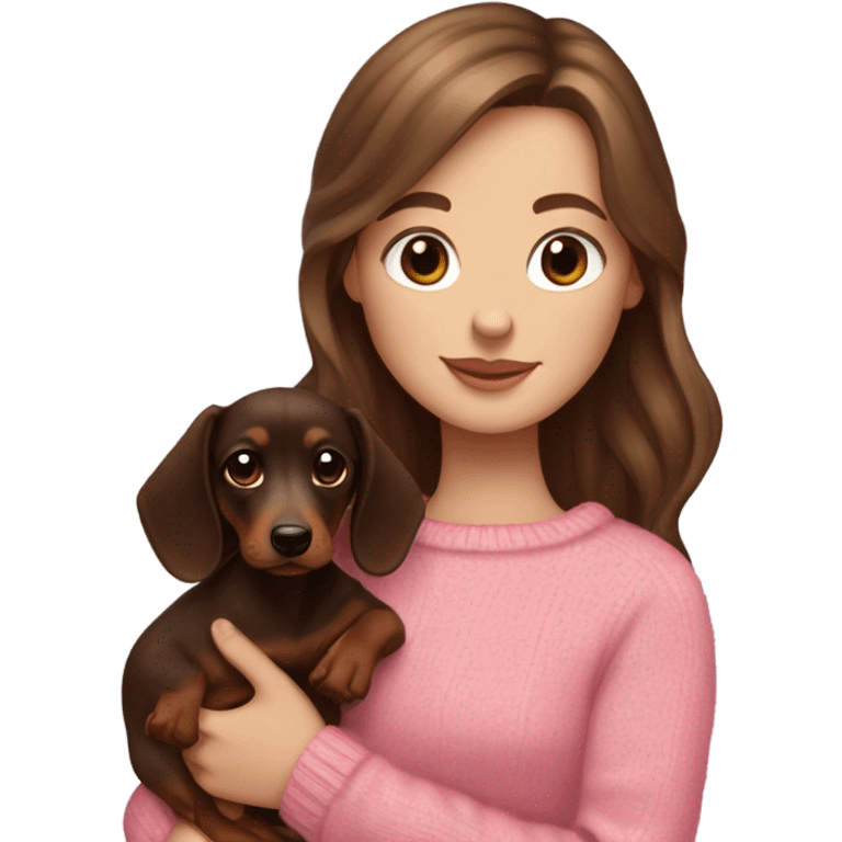 Brunette white girl with long wavy hair in a pink sweater holds a dark brown and cream dachshund long-haired puppy in her arms emoji