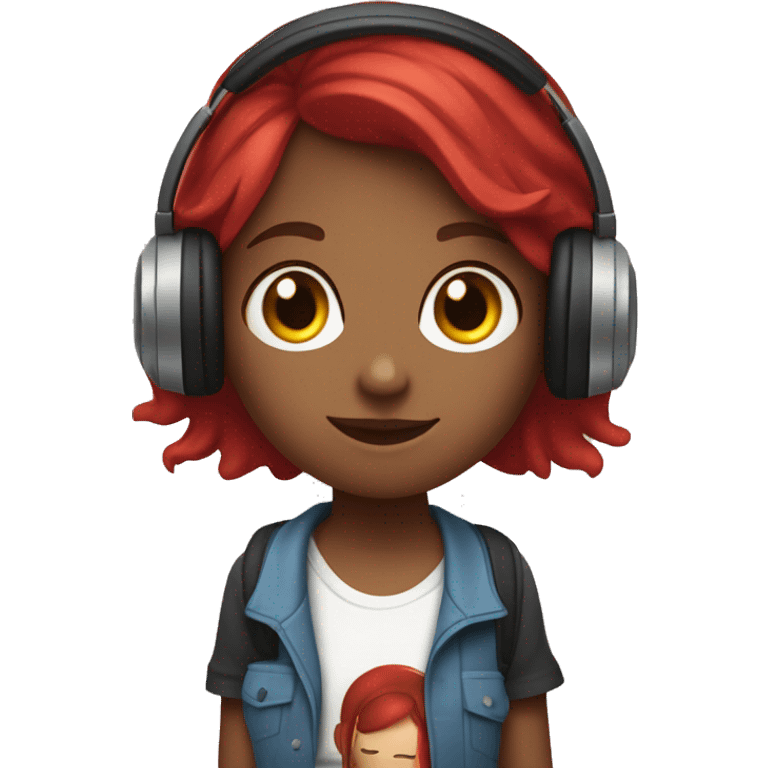 red and wavy hair girl listening music with headphones, and a red t-shirt, and a couple of books at her left  emoji