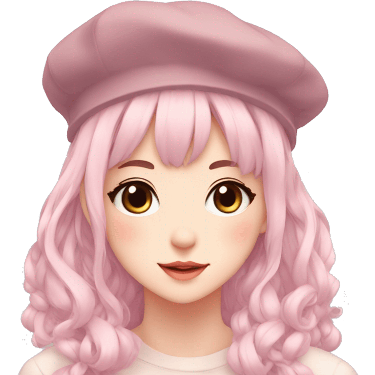 Gorgeous pastel anime girl with blushing face and hair garnitures and pretty hair and a beret aesthetic trending style emoji