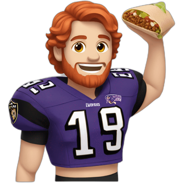 a red haired young man without a beard in a ravens jersey eating a chipotle burrito bowl emoji