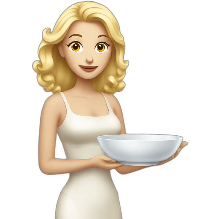 blonde woman holding a fancy dish emoji