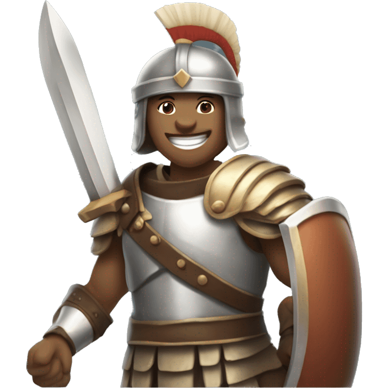 A gladiator in light armor and a helmet, extending a scroll as if offering a gift, with a friendly and relaxed smile.

 emoji