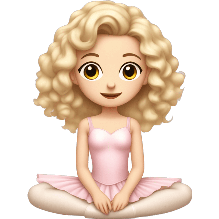 little girl with pale skin curly blonde hair and brown eyes wearing a light pink ballet outfit sitting on the floor emoji