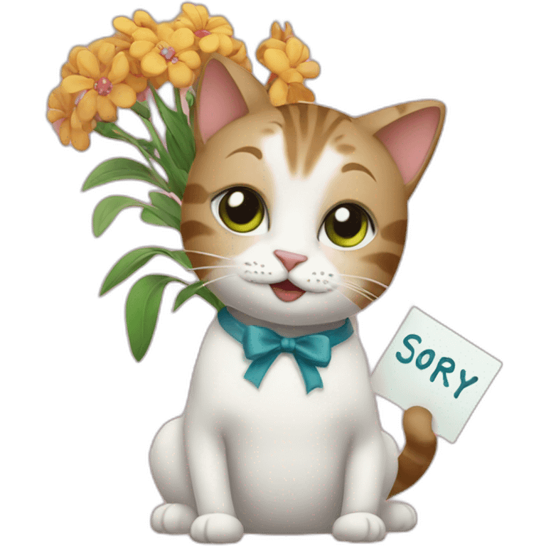 cat holding a sign and flowers asking sorry emoji