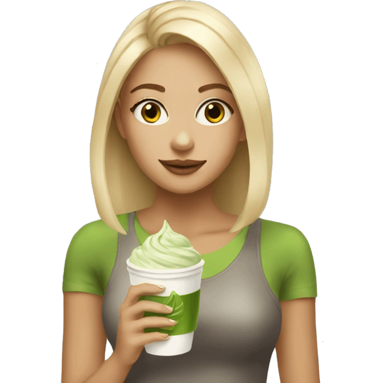 Blonde girl with matcha latte emoji