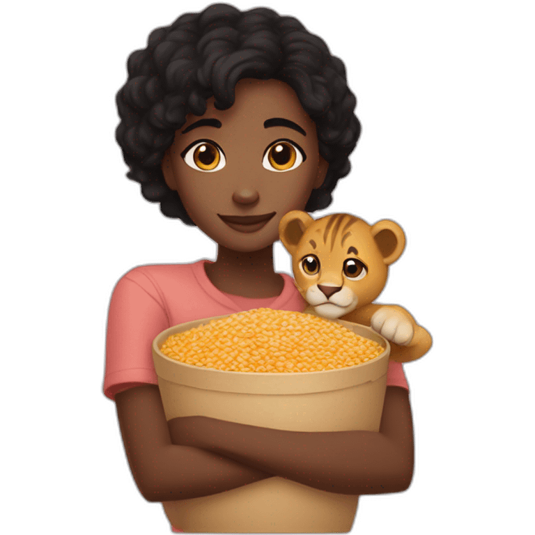 black girl, brown eyes, short black hair hugging a pack of Lion cereals emoji