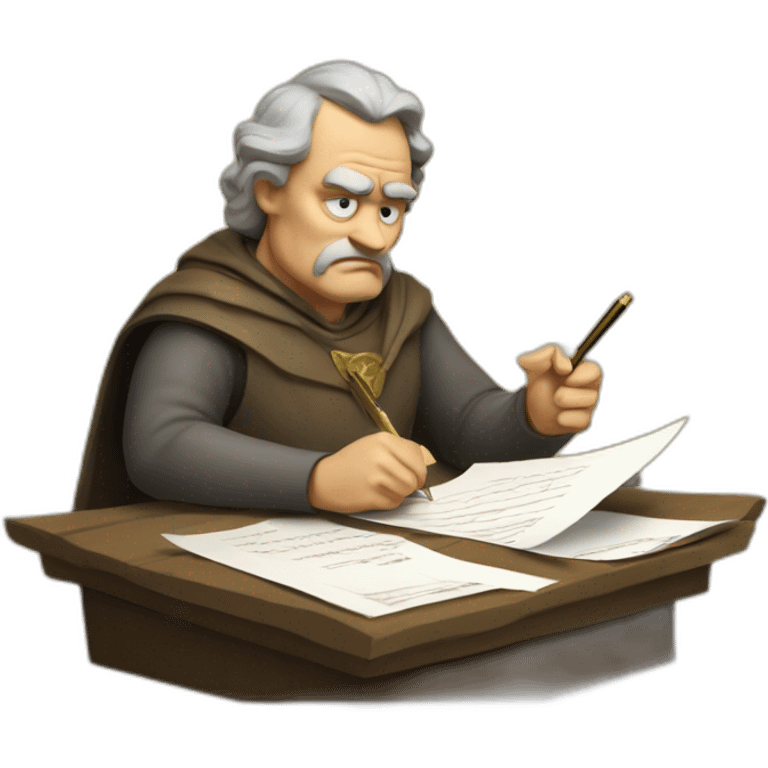 middle ages taxman, angry, writing on a paper, pile of gold emoji