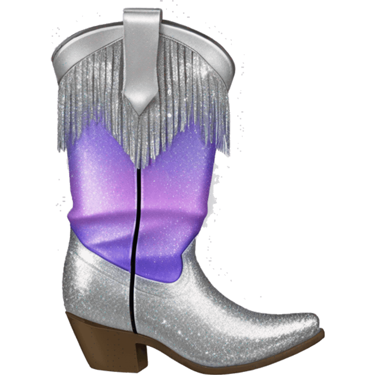 Realistic silver and lavender ombre pair of fashion cowgirl boots with sparkly shiny glitter fringe on them. emoji