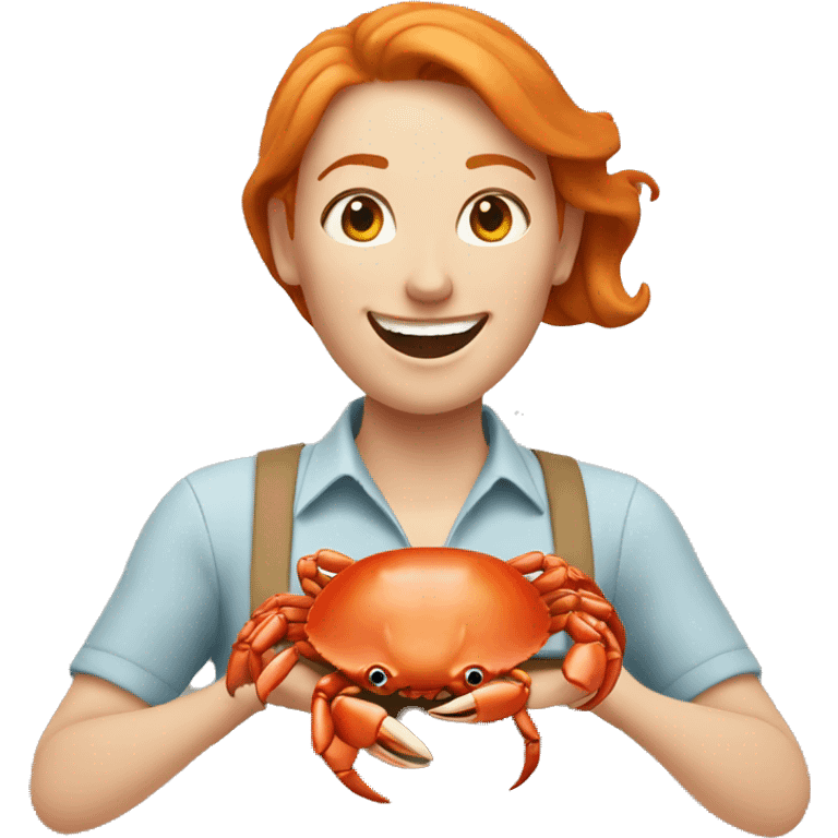 Happy ginger woman holding crab  emoji