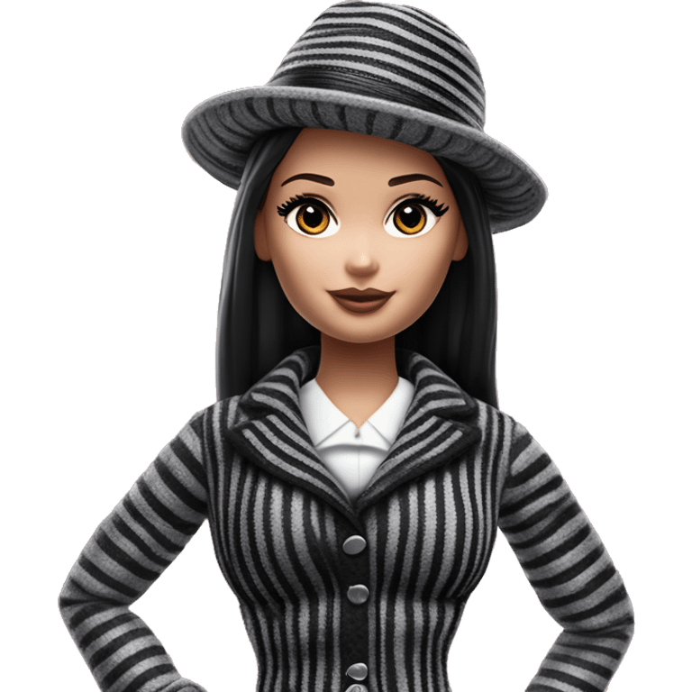 Bouclé Beauty Lingerie Barbie, Wednesday Addams from academy, in dark-gray and black striped outfit with hat. emoji