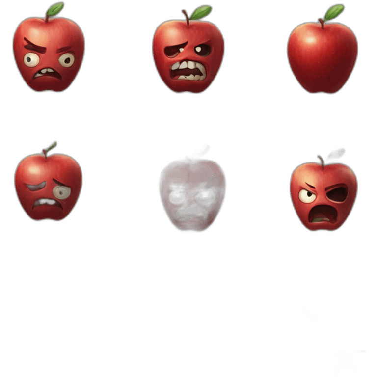 Picture an apple emoji with a sad expression and then incorporate features resembling Guts from Berserk, such as a large sword, an eye patch emoji