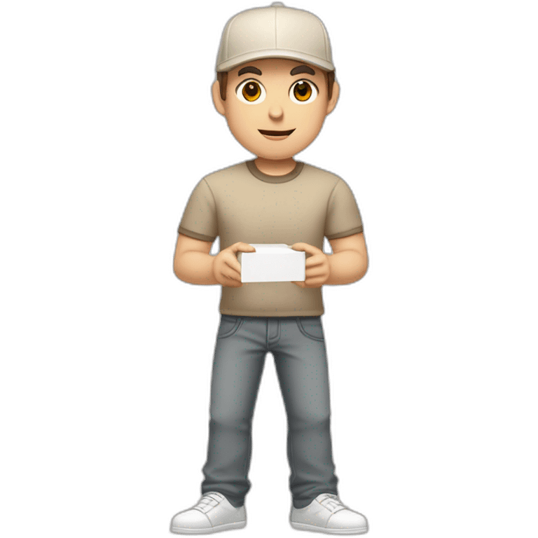 Pale skinned fit Man with dark brown hair in a beige cap, gray jeans, brown polo and white T-shirt keeping a pasted with tape white box into his hands emoji