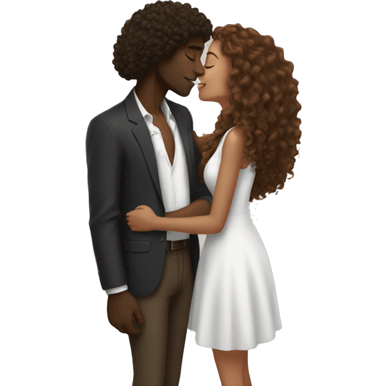 black man and white girl with long brown curly hair kiss emoji