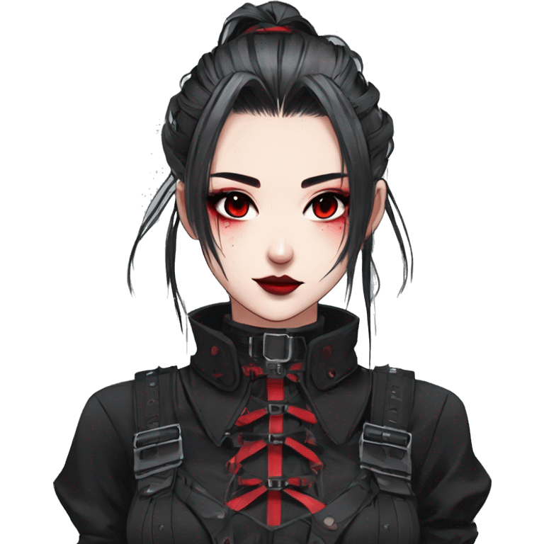 Gorgeous gothic dark techwear anime style lady with blushing face aesthetic and pretty edgy black red punk messy ponytail hair with collar and harness trending style emoji