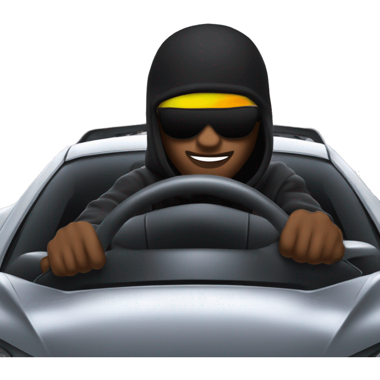 Roadman in a black ski mask driving a fast sports car, city streets and blurred lights in the background, intense vibe emoji